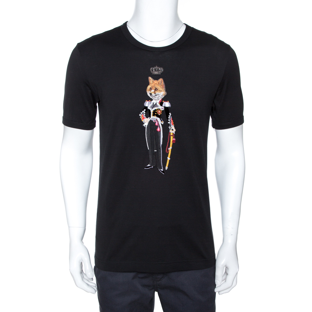 Pre-owned Dolce & Gabbana Black Cotton Fox Colonel Appliqued T-shirt M
