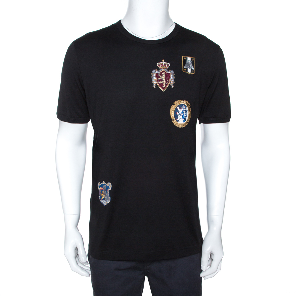 Pre Owned Dolce & Gabbana Black Cotton Crest Patch Applique T-Shirt XXL