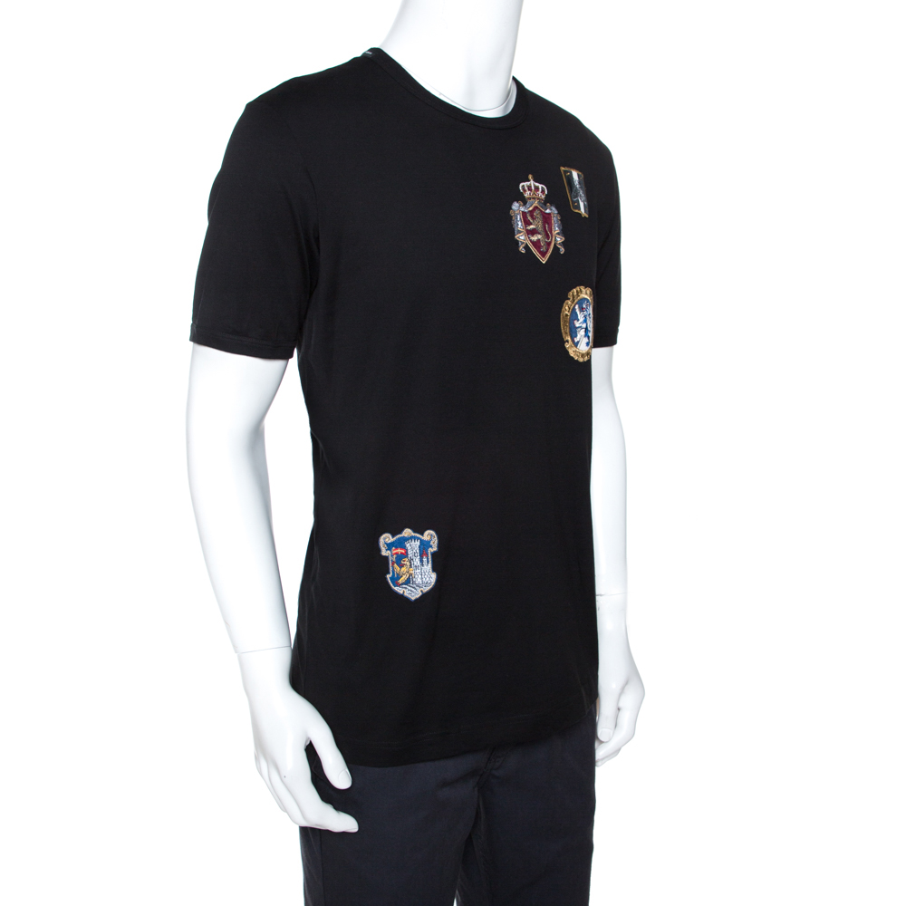 

Dolce & Gabbana Black Cotton Crest Patch Applique T-Shirt