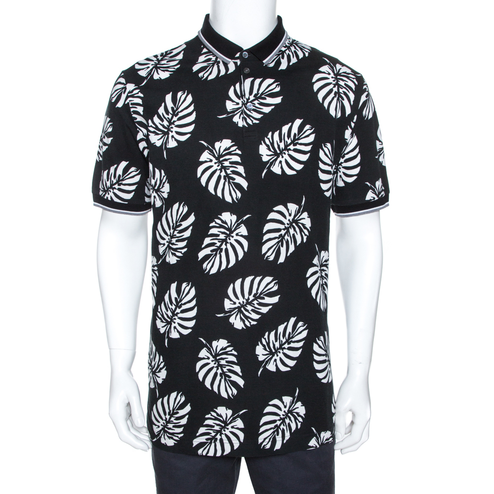 Dolce & Gabbana Monochrome Leaf Print Cotton Polo T-Shirt XXL