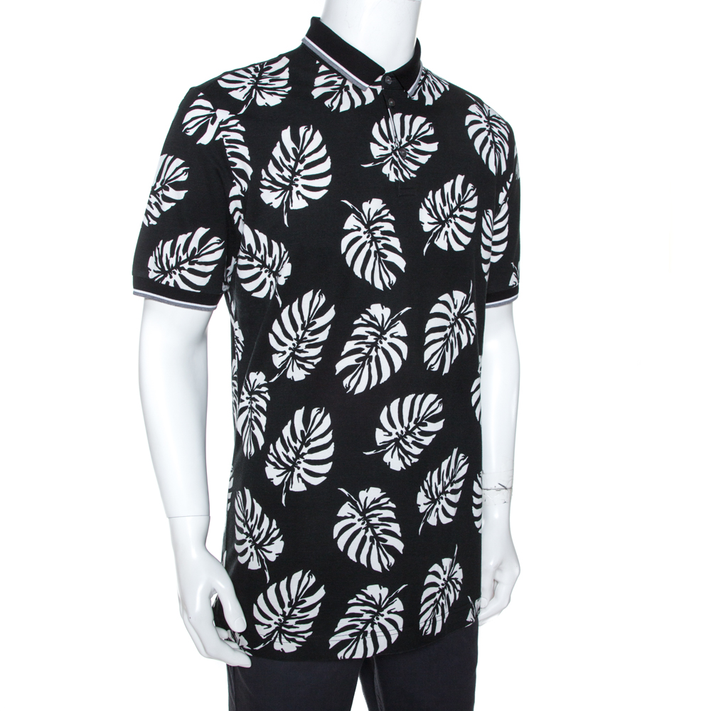 

Dolce & Gabbana Monochrome Leaf Print Cotton Polo T-Shirt, Black