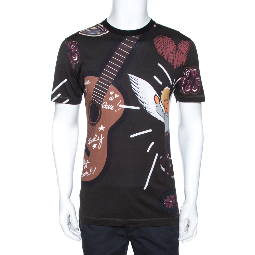 Pre-owned Dolce & Gabbana Black Guitar Print Cotton T-shirt Xxl In Grey