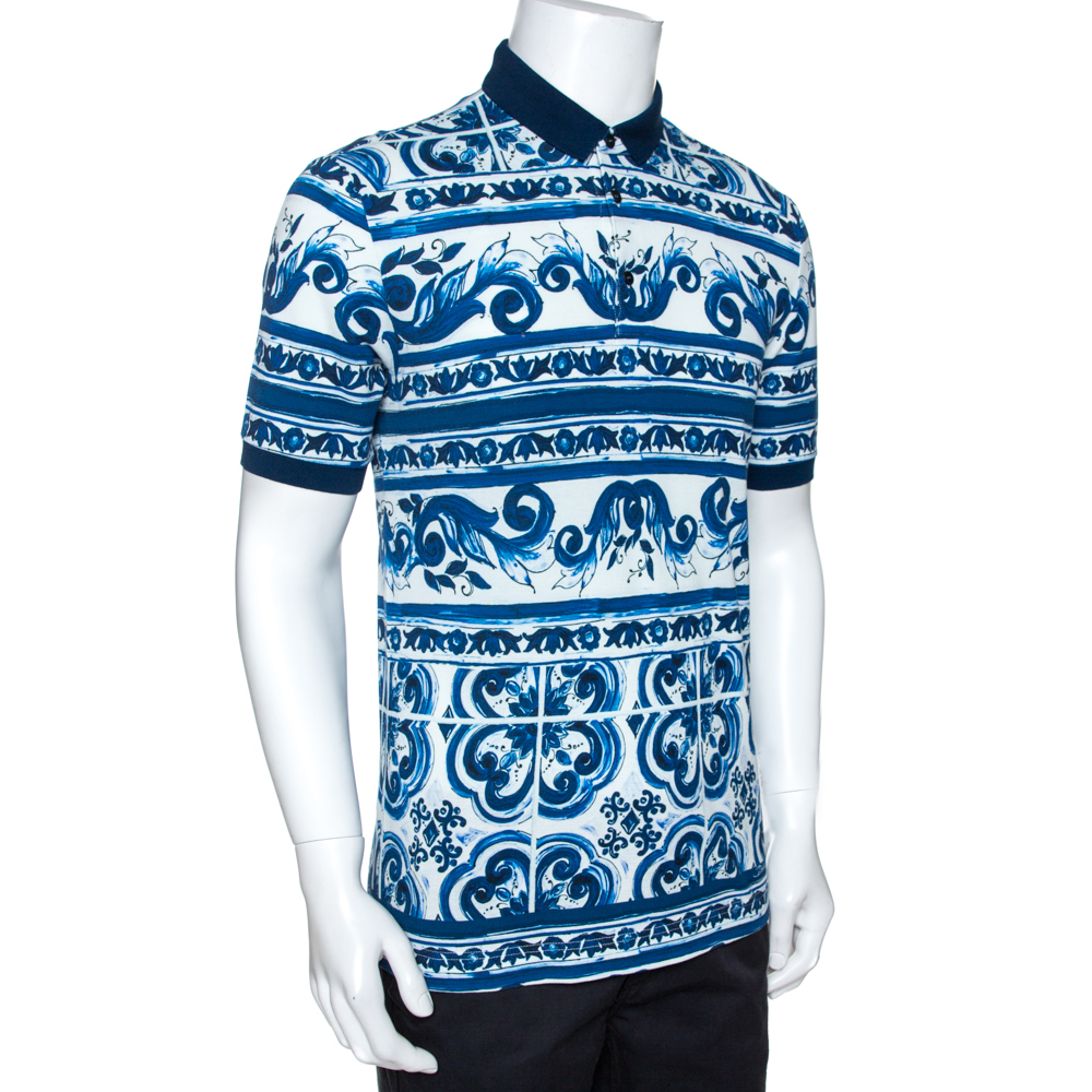 

Dolce & Gabbana Blue Majolica Print Cotton Polo T-Shirt