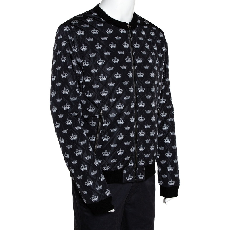 

Dolce & Gabbana Black Quilted Crown Print Bomber Jacket