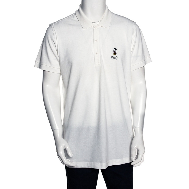 مملوكة مسبقًا تي شيرت بولو دولتشي آند غابانا قطن أبيض بيكيه ديزني مقاس كبير جدًا جدًا (إكس إكس لارج)
