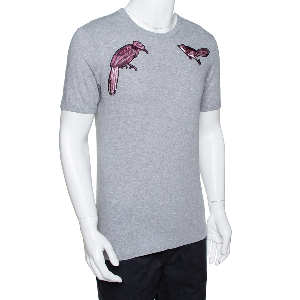 

Dolce & Gabbana Grey Cotton Bird Embroidered Crew Neck T Shirt