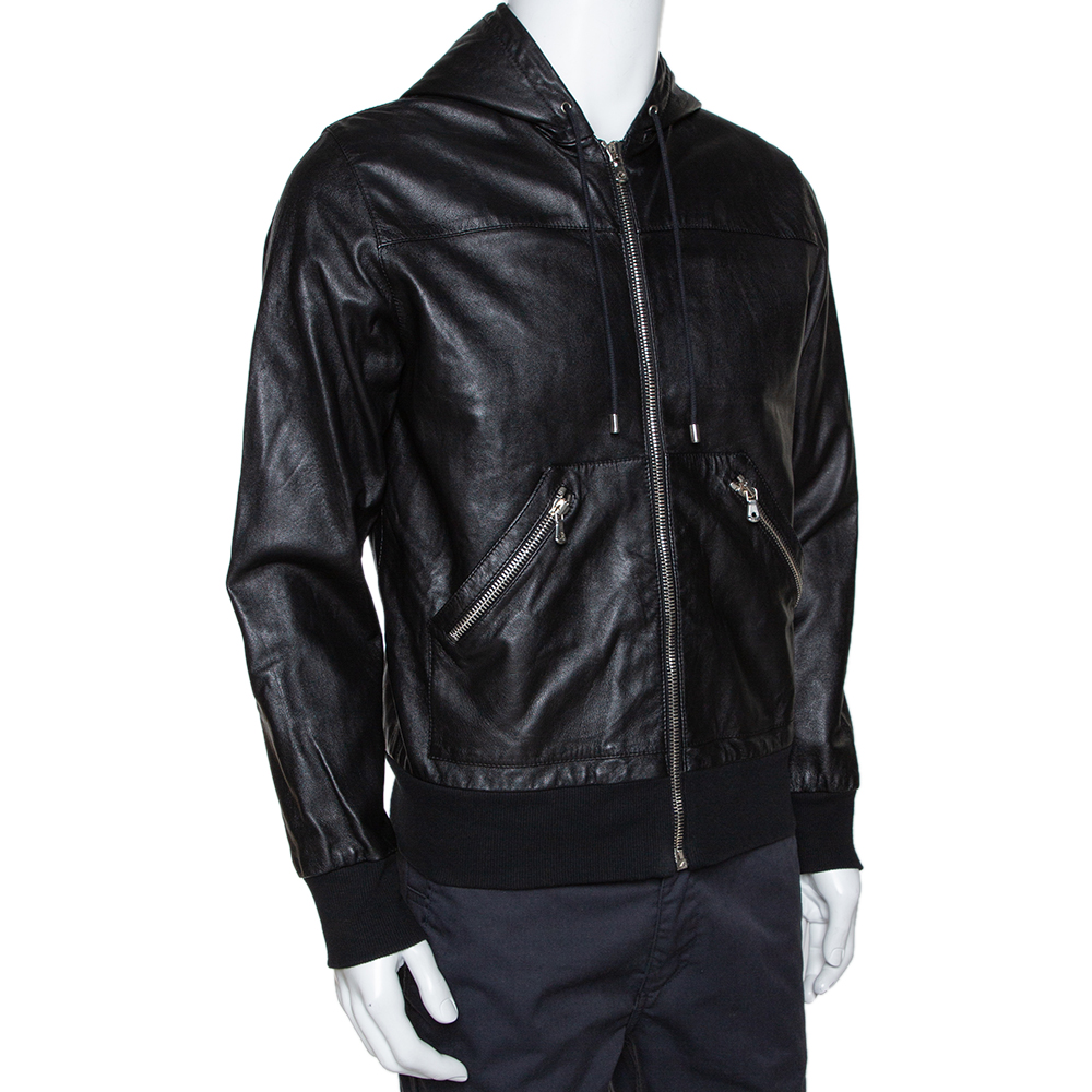 

Dolce & Gabbana Black Leather & Jersey Lined Hooded Jacket