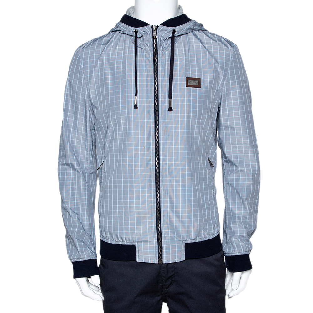 Pre Owned Dolce & Gabbana Pale Blue Checked Zip Front Hooded Jacket L