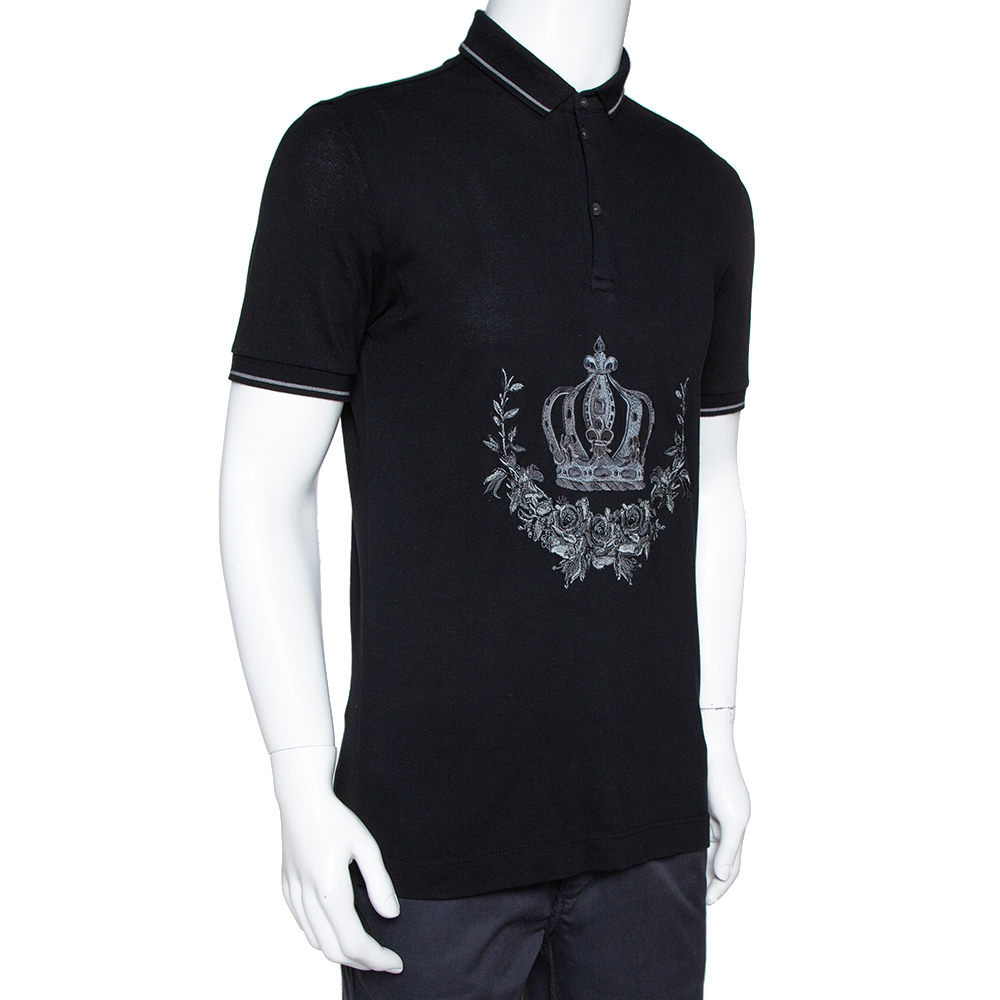 

Dolce & Gabbana Black Cotton Pique Embroidered Crown Polo T-Shirt