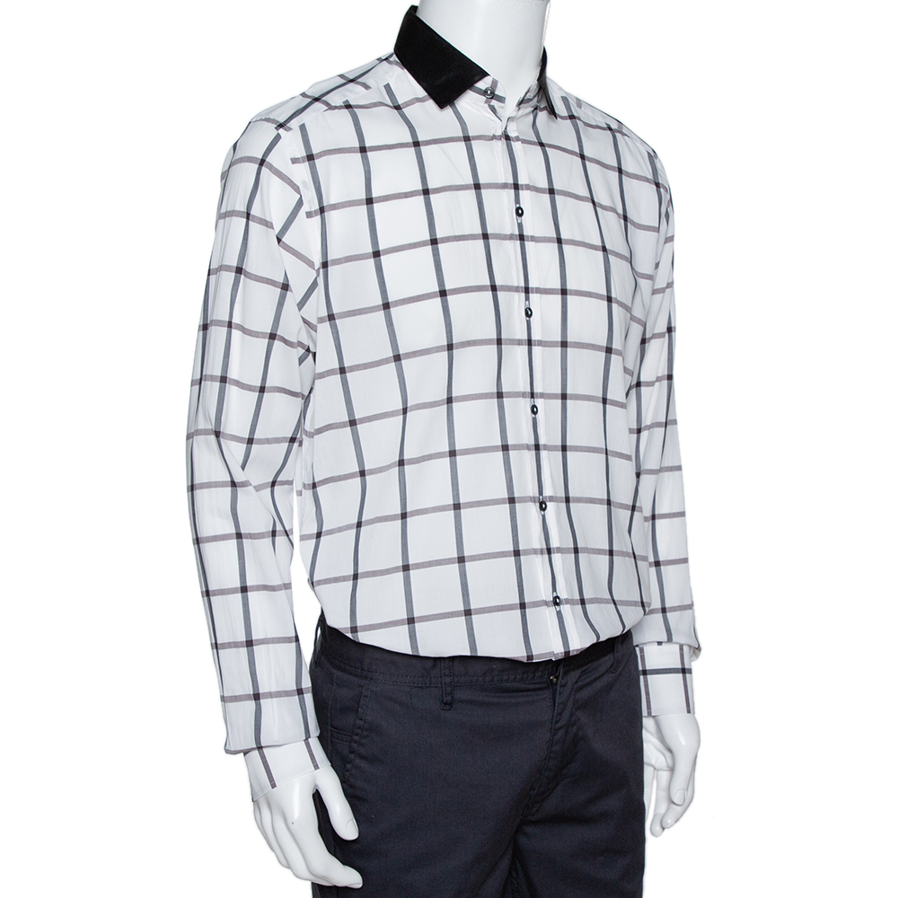 

Dolce and Gabbana White Cotton Grid Pattern Button Front Shirt