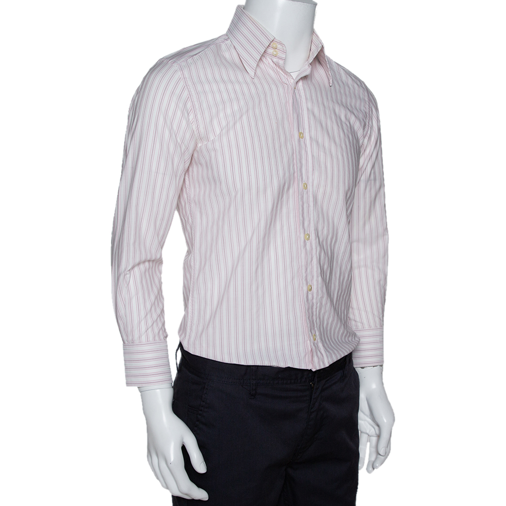 

Dolce & Gabbana Pale Pink Striped Cotton Slim Fit Button Front Shirt