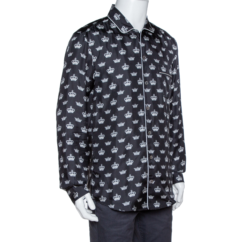 

Dolce & Gabbana Monochrome Silk Satin Crown Print Pyjama Shirt, Black