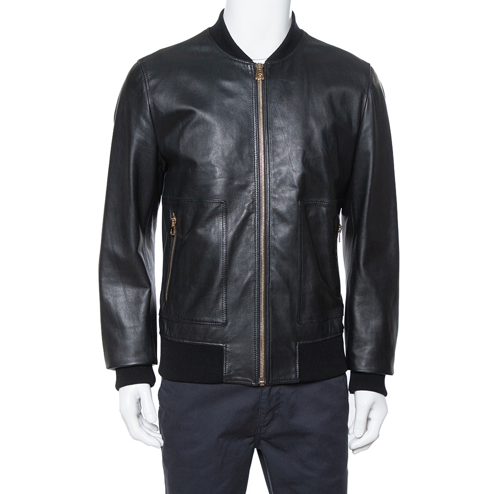 Pre Owned Dolce & Gabbana Black Leather Bomber Jacket XL