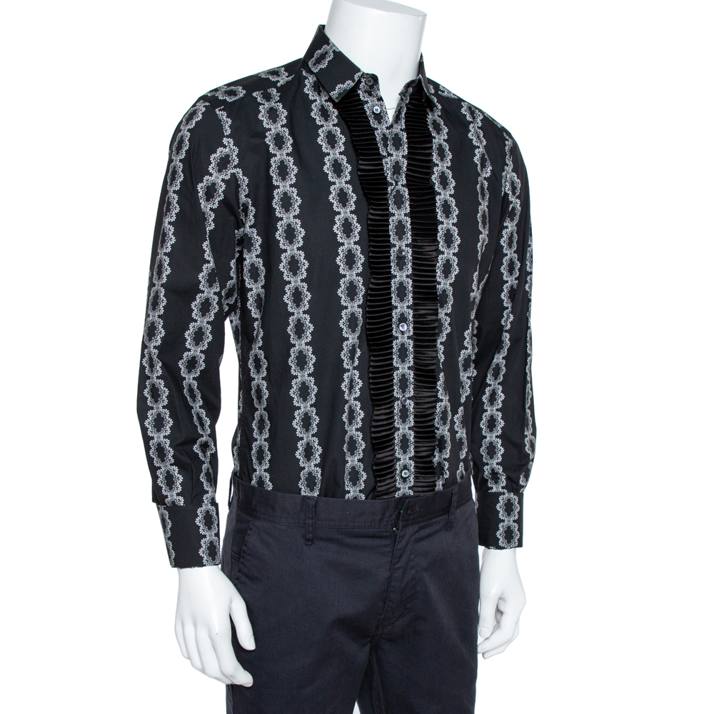 

Dolce & Gabbana Black Floral Motif Cotton Silk Pleat Detail Shirt
