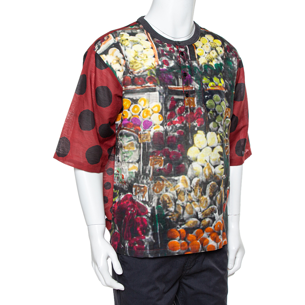 

Dolce & Gabbana Burgundy Multiprint Linen Half Button Oversized T-Shirt