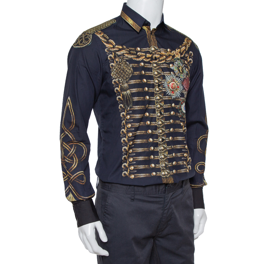 

Dolce & Gabbana Navy Blue Printed Cotton Button Front Gold Shirt