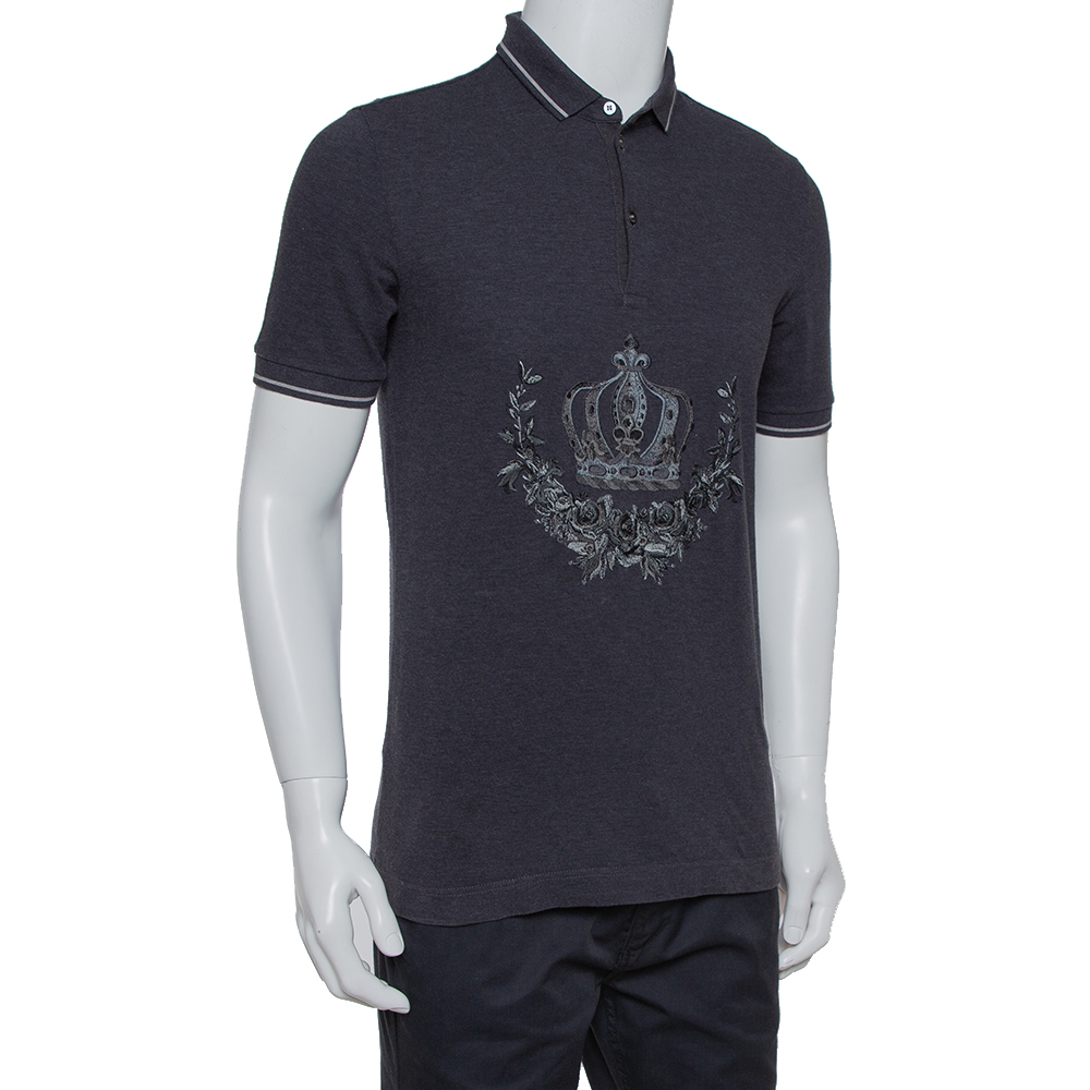

Dolce & Gabbana Grey Cotton Pique Embroidered Crown Polo T-Shirt
