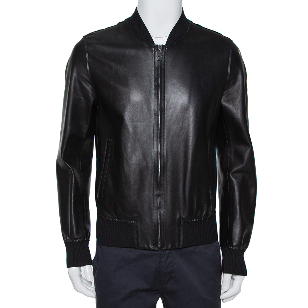 Pre-owned Dolce & Gabbana Black Leather Zipper Front Jacket L