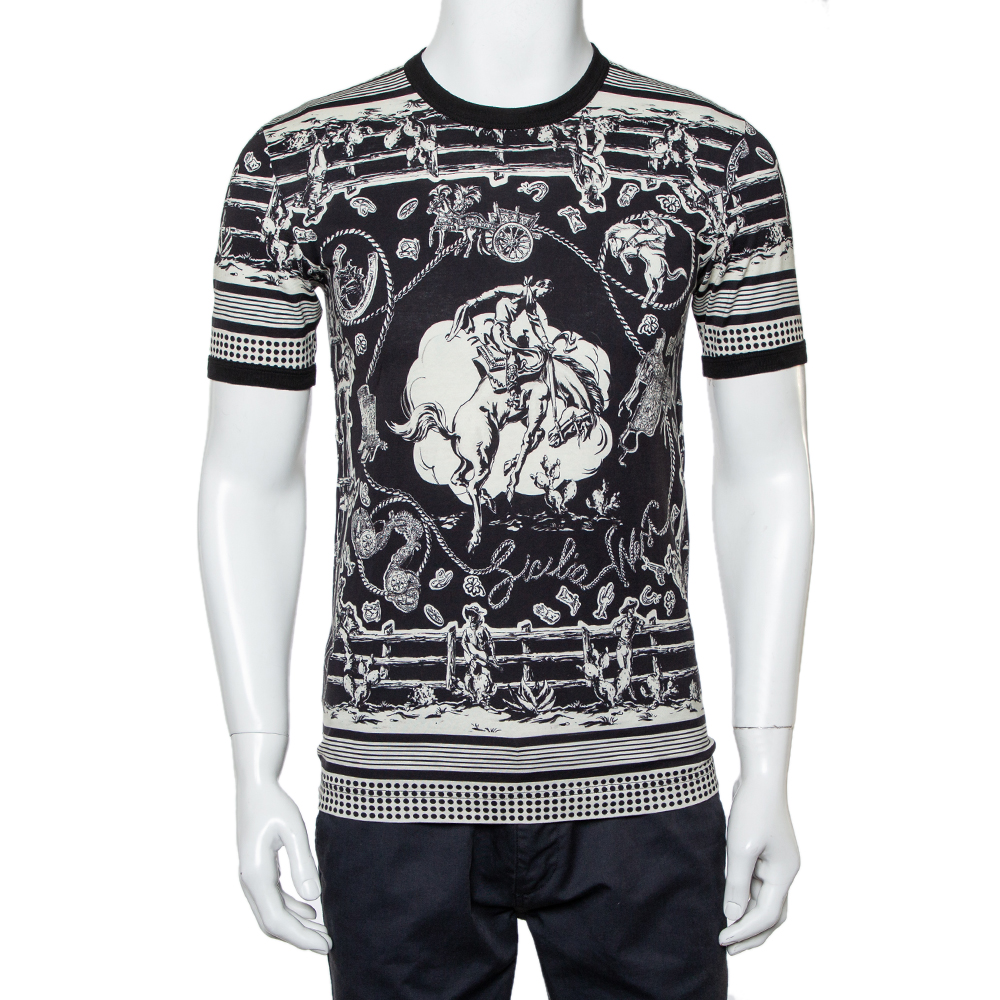 Pre-owned Dolce & Gabbana Monochrome Printed Cotton Crewneck T-shirt Xs In Black