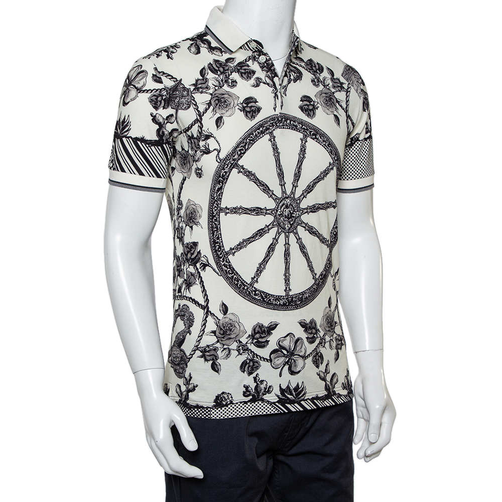 

Dolce & Gabbana Monochrome Cotton Pique Rose Printed Polo T-Shirt, Cream