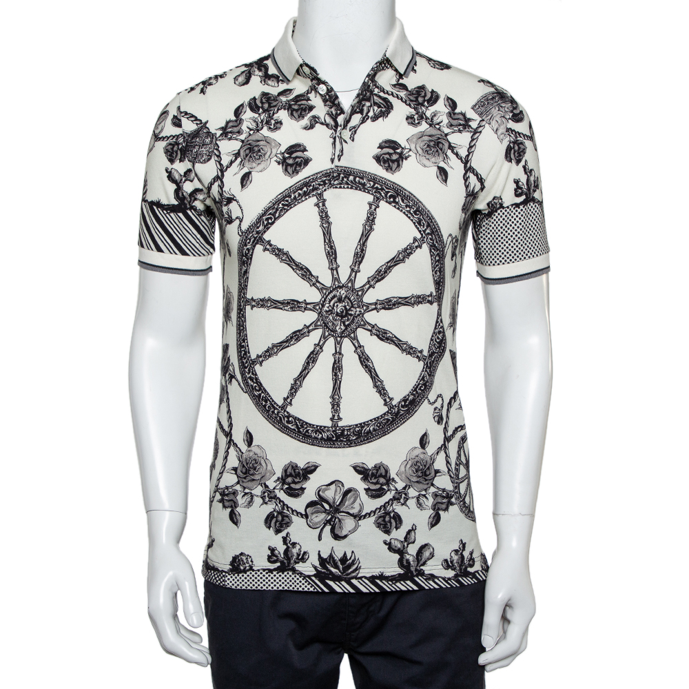 Pre-owned Dolce & Gabbana Monochrome Cotton Pique Rose Printed Polo T-shirt Xs In Cream