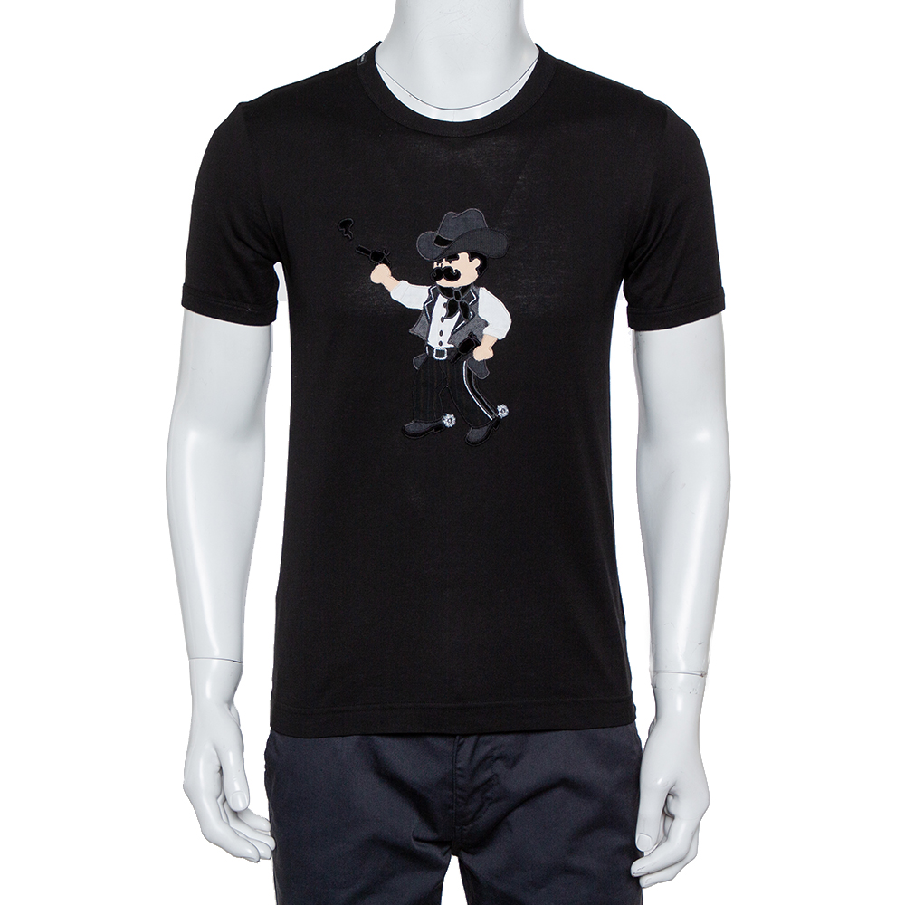 Pre-owned Dolce & Gabbana Black Cotton Lone Cowboy Applique Crewneck T-shirt Xs