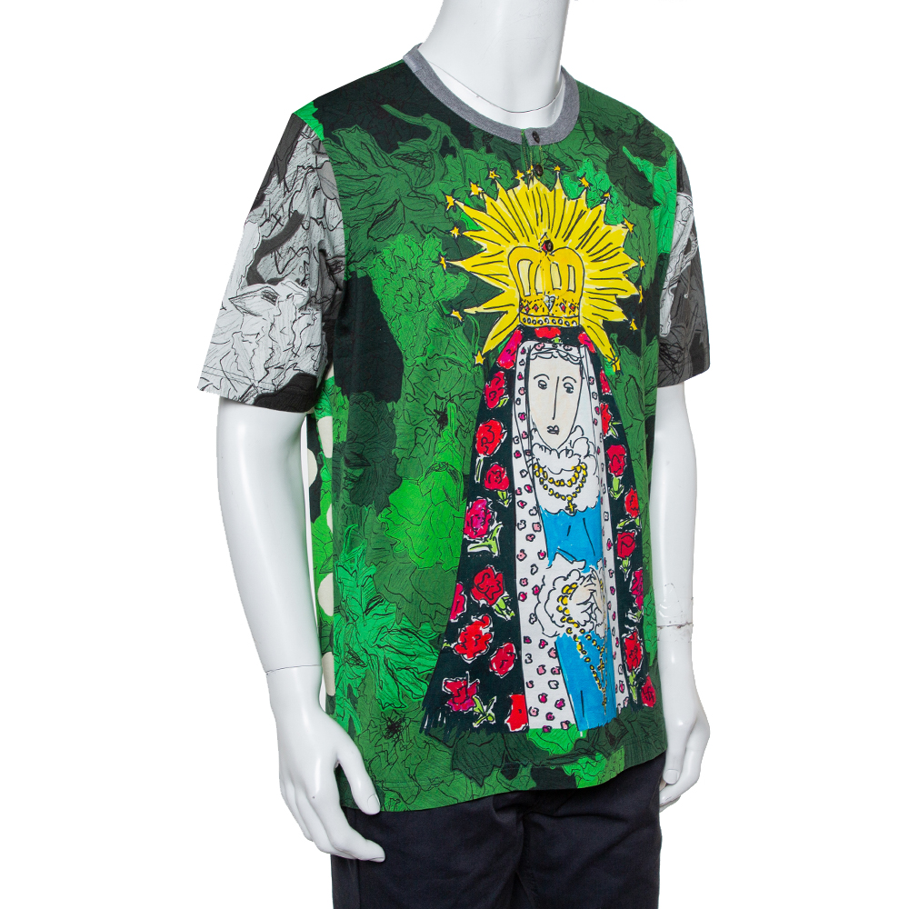 

Dolce & Gabbana Green Virgin Mary Graffiti Printed Cotton Crewneck Button Front T-Shirt 3XL