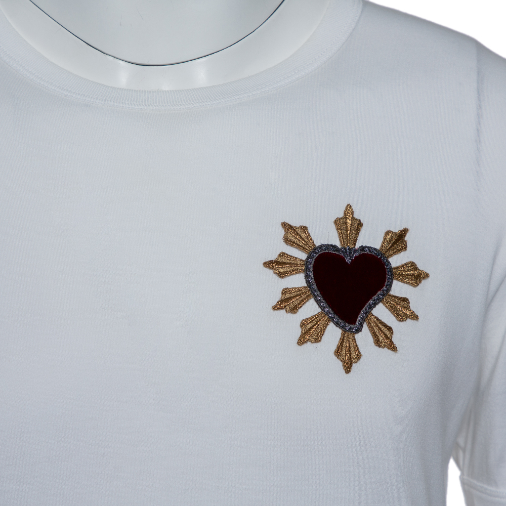 

Dolce & Gabbana White Cotton Sacred Heart Applique Crewneck T-Shirt