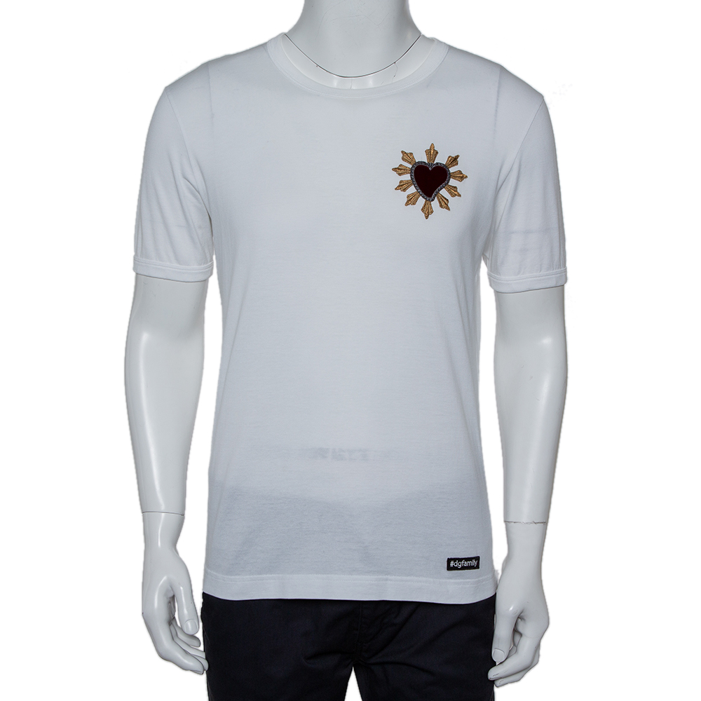 Pre-owned Dolce & Gabbana White Cotton Sacred Heart Applique Crewneck T-shirt M