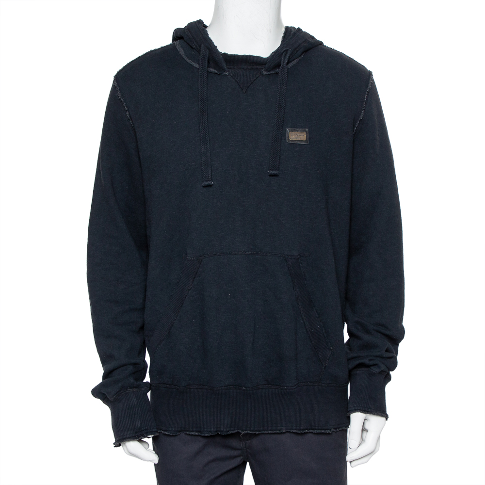 Pre-owned Dolce & Gabbana Navy Blue Cotton Frayed Detail Hoodie Xl