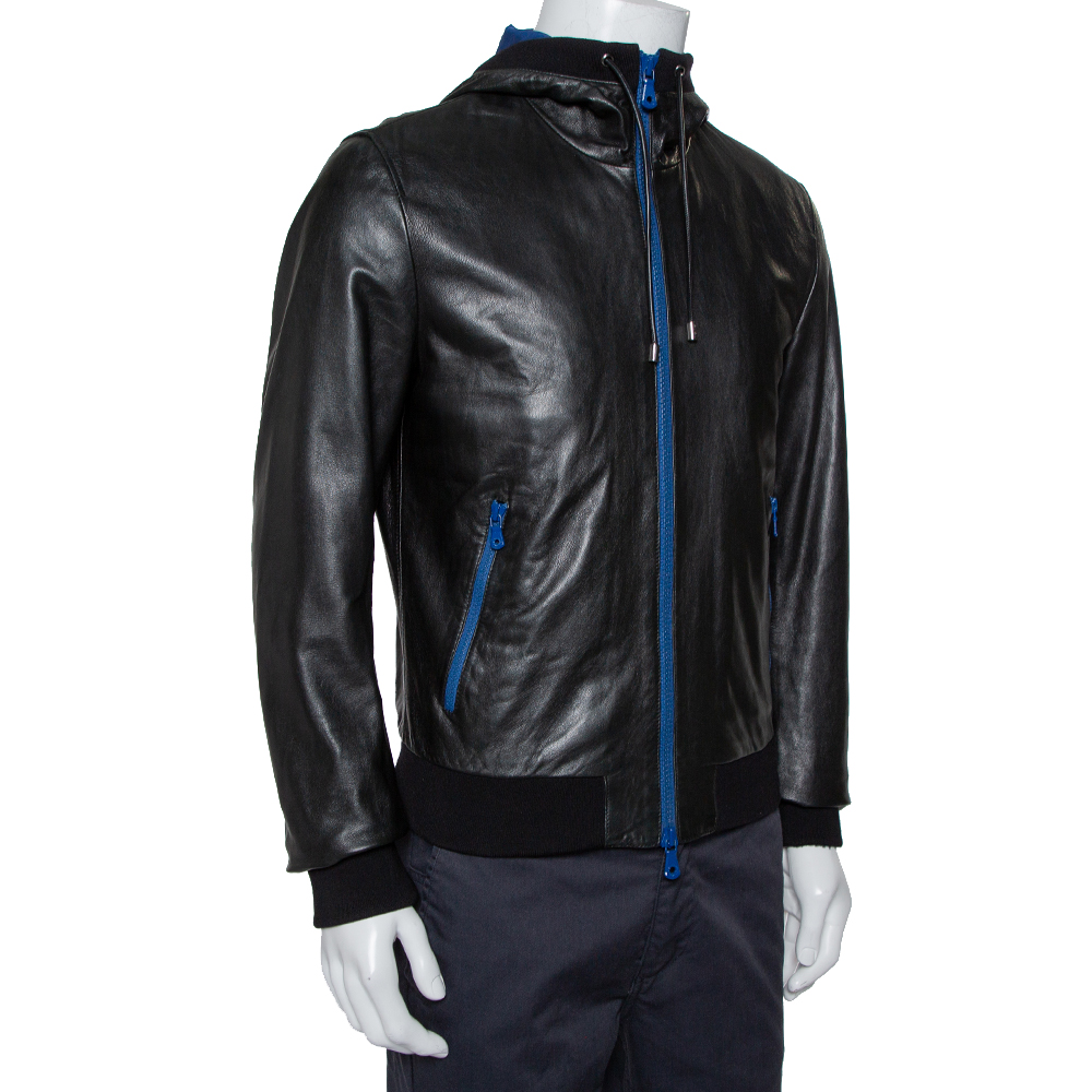 

Dolce & Gabbana Black Leather Zip Front Hooded Jacket