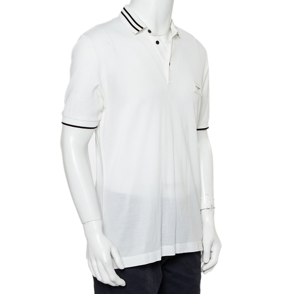 

Dolce & Gabbana White Cotton Logo Plaque Detail Polo T-Shirt