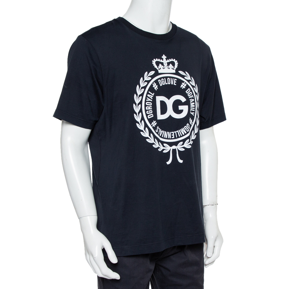 

Dolce & Gabbana Navy Blue Logo Print Cotton Crewneck T-Shirt