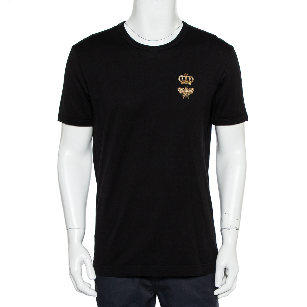مملوكة مسبقًا Dolce & Gabbana Black Bee Crown Embroidered Cotton Crewneck T-Shirt L