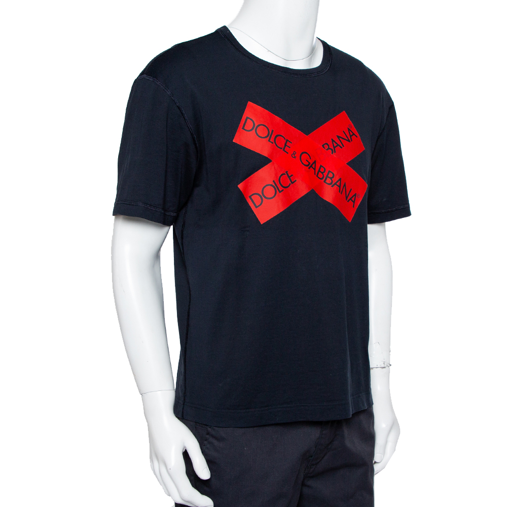 

Dolce & Gabbana Navy Blue Cotton Logo Printed Crewneck T-Shirt
