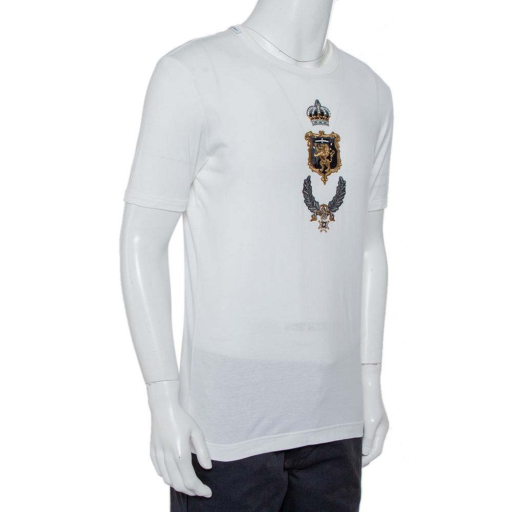 

Dolce & Gabbana White Cotton Applique Detail Crewneck T-Shirt