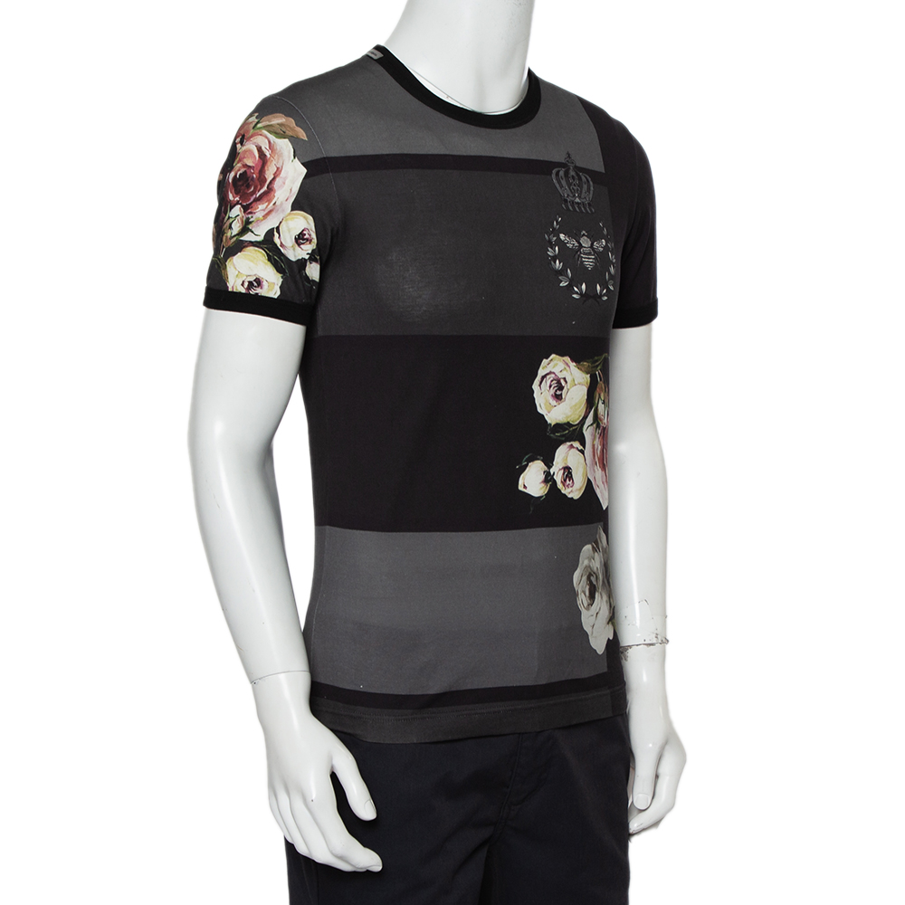 

Dolce & Gabbana Charcoal Grey Floral Printed Cotton Crewneck T-Shirt