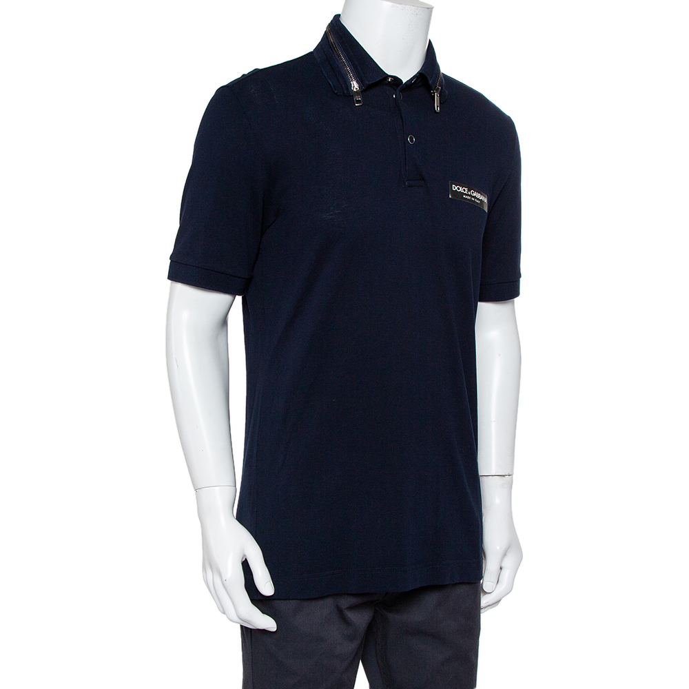 

Dolce & Gabbana Navy Blue Cotton Pique Collar Zip Detail Polo T-Shirt