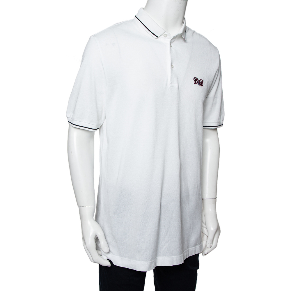 

Dolce & Gabbana White Logo Embroidered Cotton Pique Polo T-Shirt