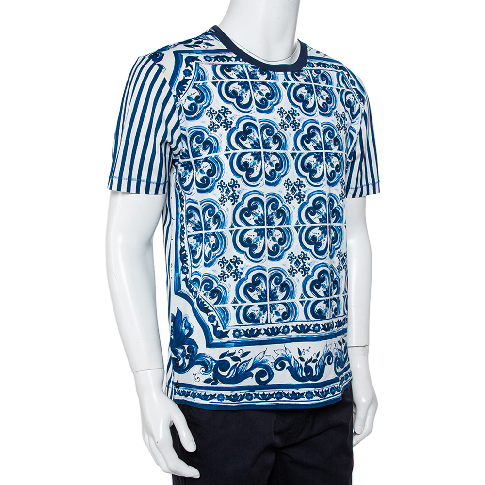 

Dolce & Gabbana White Striped Majolica Printed Crewneck T-Shirt, Yellow