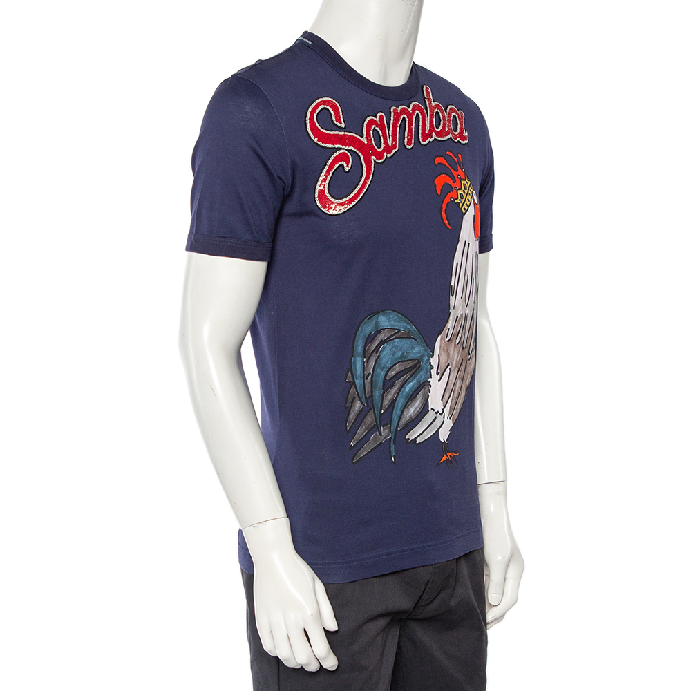 

Dolce & Gabbana Navy Blue Samba Sequined Rooster Print Cotton T-Shirt