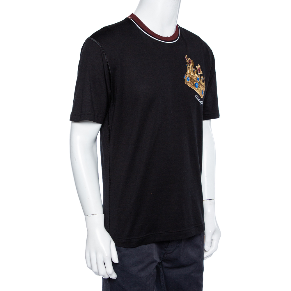 

Dolce & Gabbana Black Chest Embroidered King Crew Neck T-Shirt