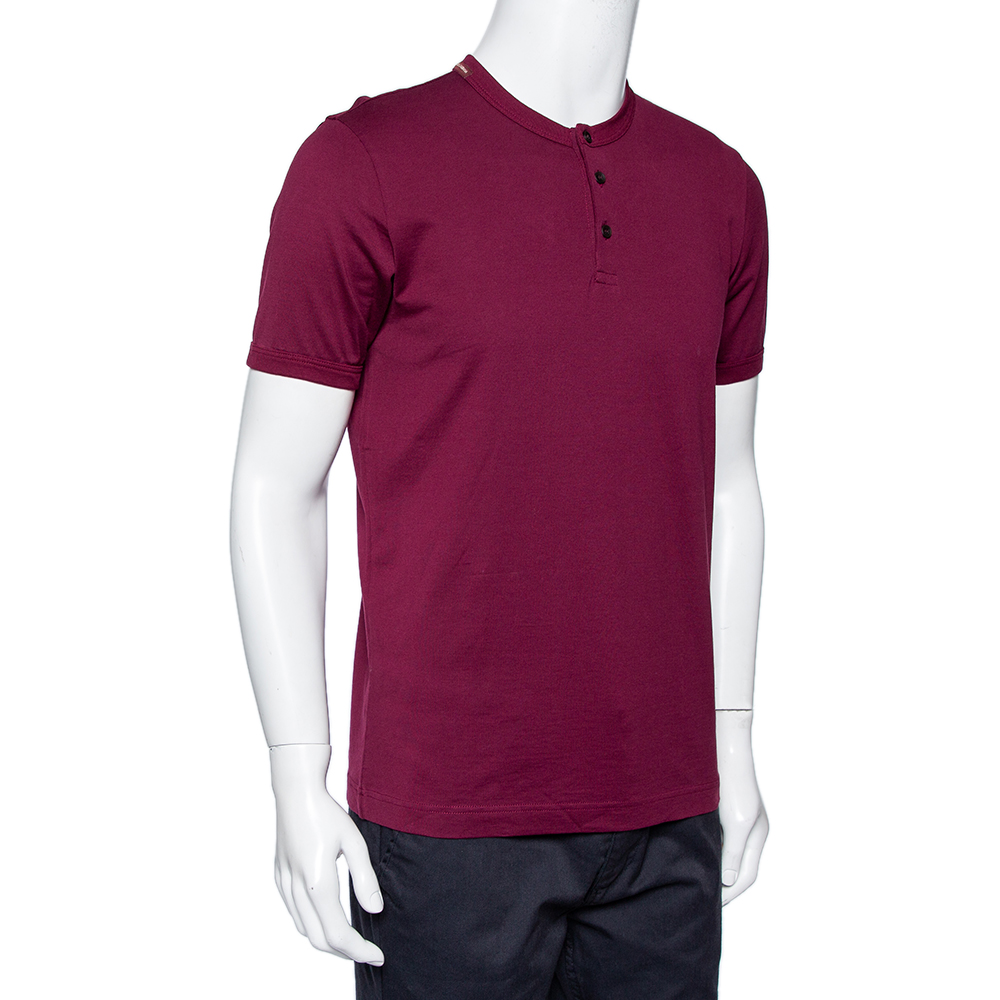 

Dolce & Gabbana Burgundy Cotton Button Front Round Neck T-Shirt