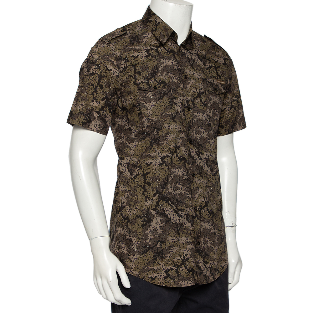 

Dolce & Gabbana Black Pixel Camo Printed Cotton Short Sleeve Gold Shirt