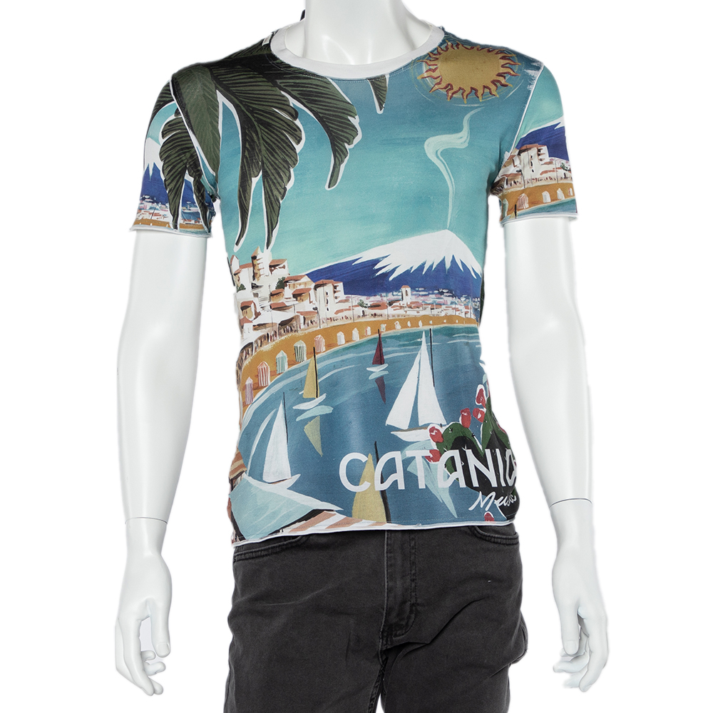 

Dolce & Gabbana Blue Catania Tropical Ringer Printed Cotton T-shirt