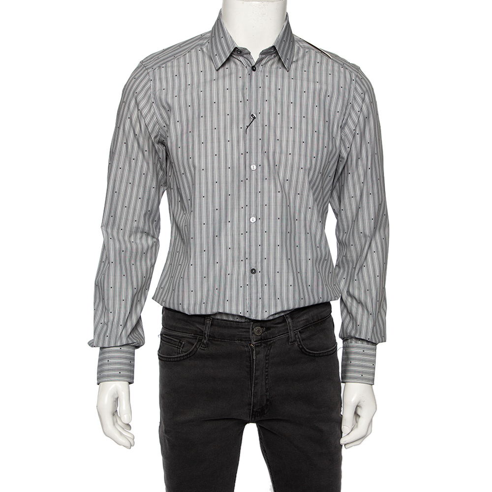 

Dolce & Gabbana Grey Striped Cotton Embroidered Detail Gold Fit Shirt