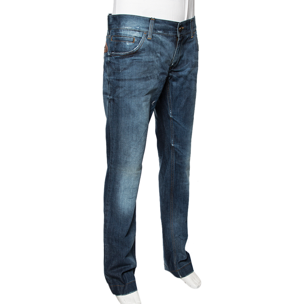 

Dolce & Gabbana Blue Faded Effect Denim Leather Detail Fit 14 Jeans