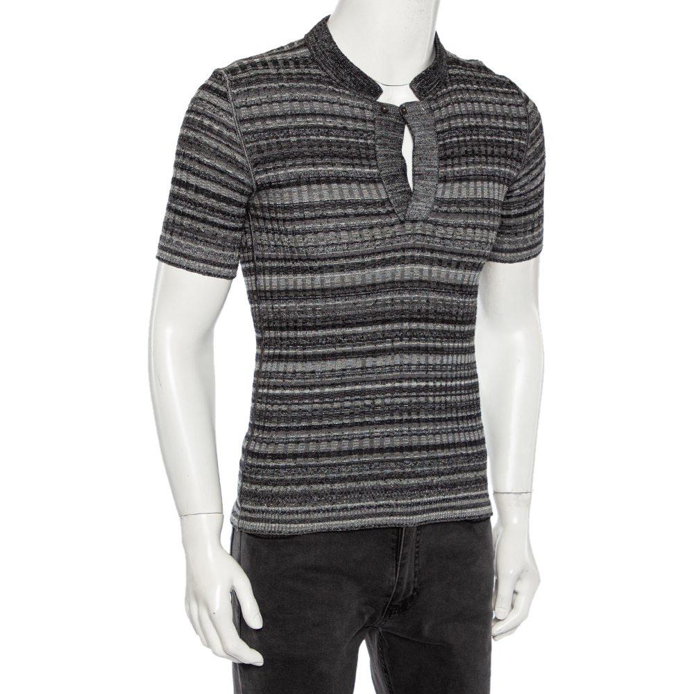 

Dolce & Gabbana Grey Striped Ribbed Knit V- Neck Sweater