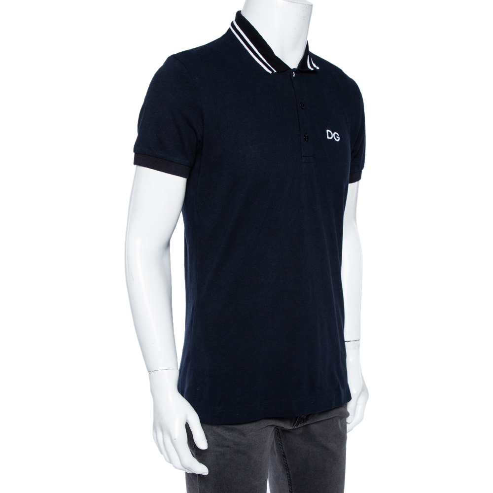 

Dolce & Gabbana Navy Blue Cotton Striped Collar Detail Polo T-Shirt