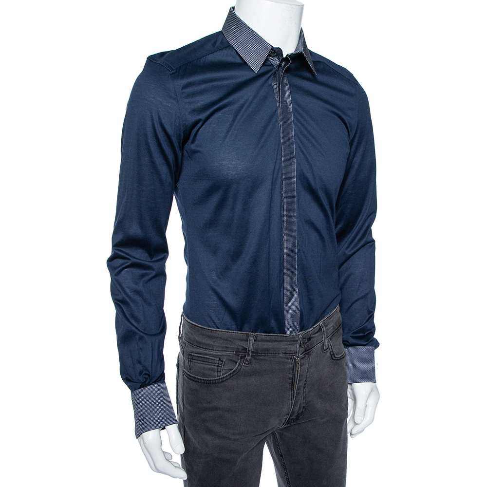 

Dolce & Gabbana Navy Blue Cotton Contrast Collar and Cuff Shirt